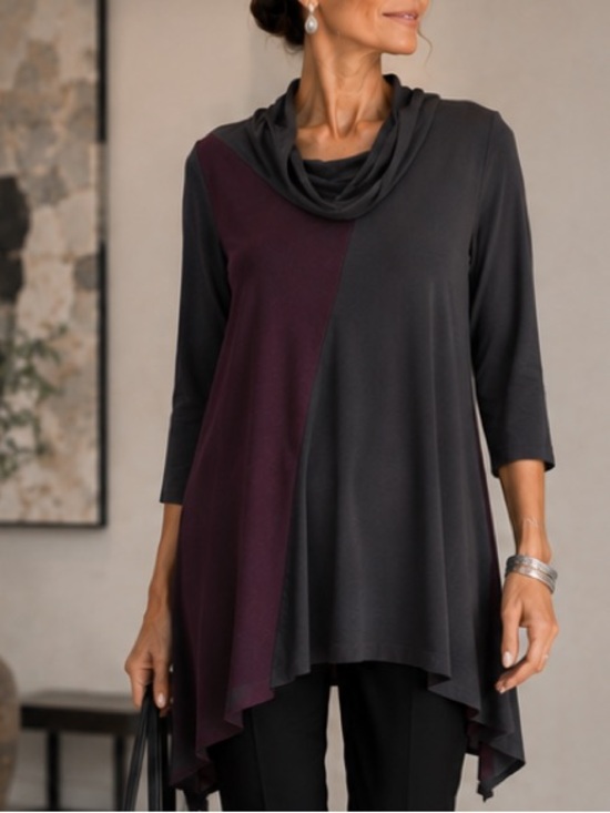 sun kim Tops - Sun Kim USA Charcoal Gray Plum Colorblock 3/4 Sleeve Asymmetrical Cowl Tunic S